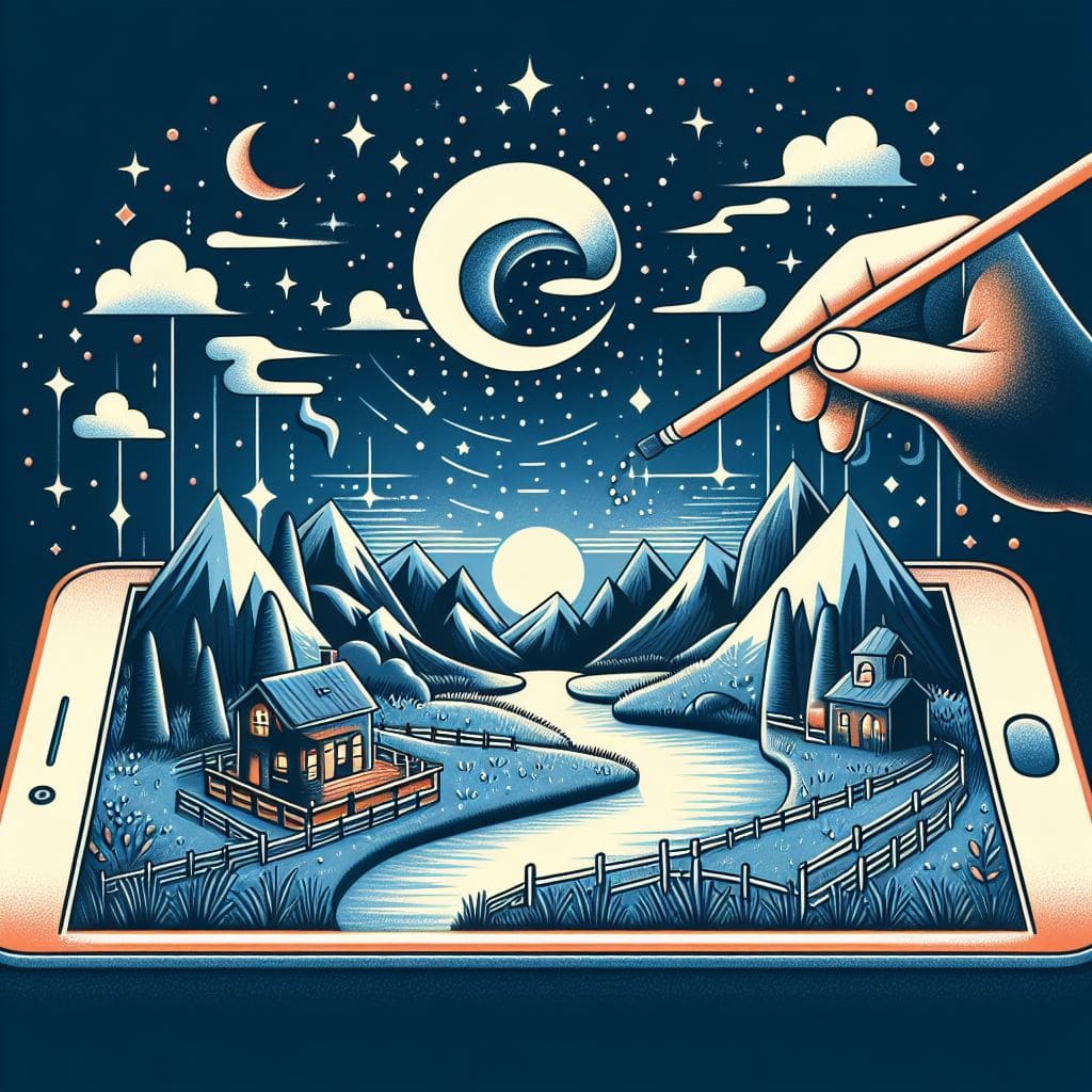 Grafik eines Smartphones, aus dem Eine Malerische Landschaft entspringt.