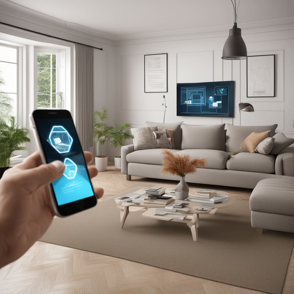 augmented-reality Grafik eines Smartphones, aus dem Eine Malerische Landschaft entspringt.