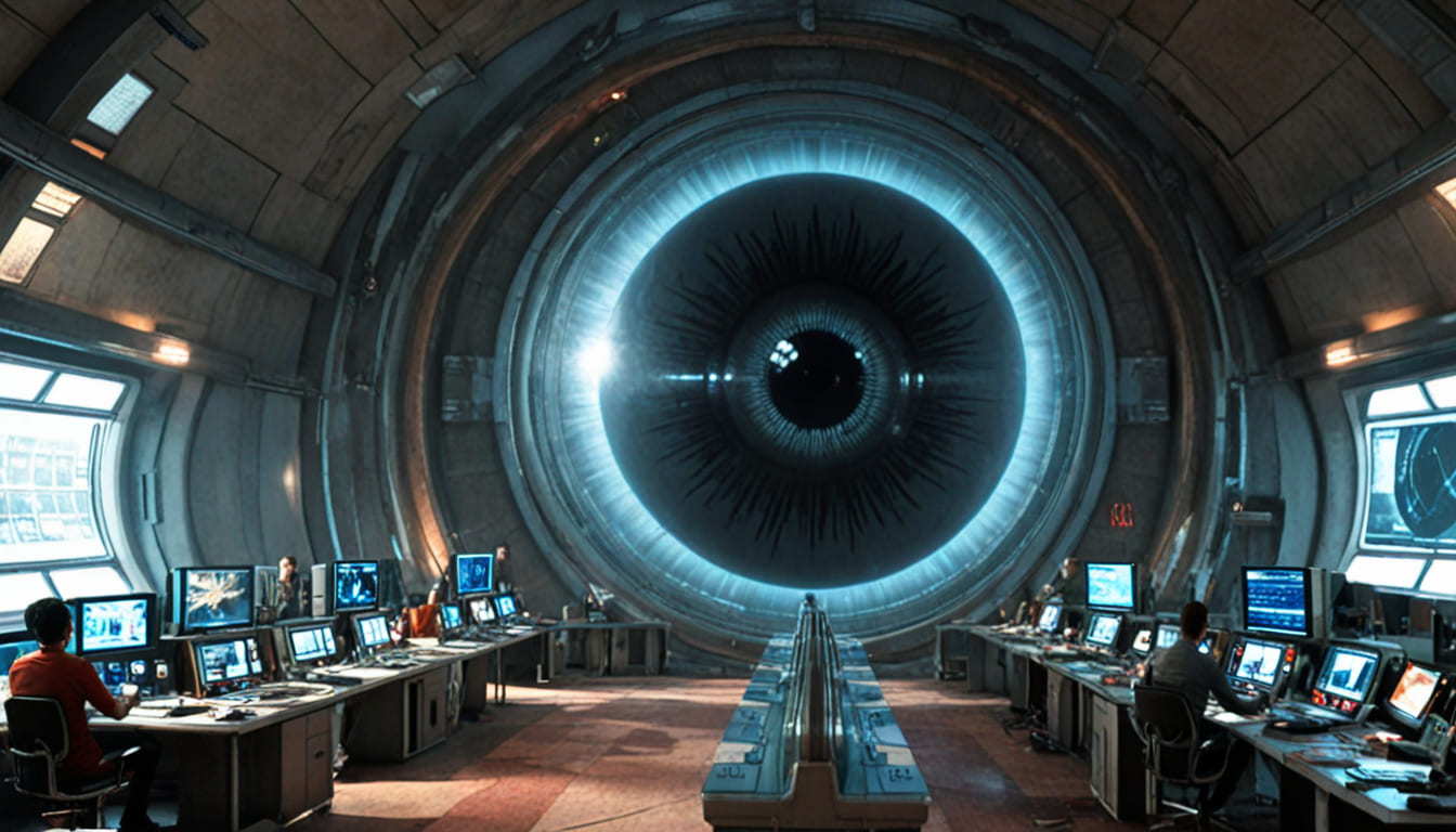 Büroraum mit einem Großen mechanischem Auge im Hintergrund.